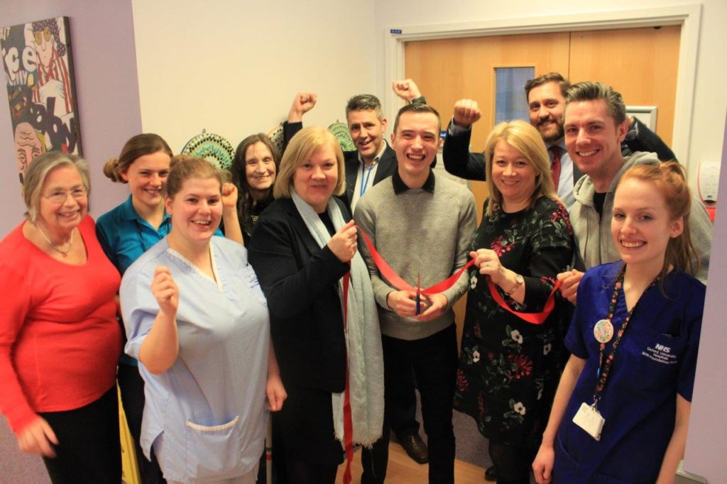 Cutting the ribbon on the Play2Give sponsored patient room at Oxford Children’s Hospital